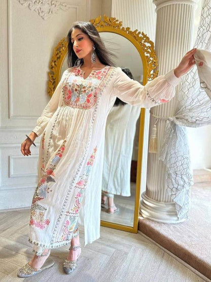 Dhiyona KL Floral Embroidered Pleated Straight Kurta with Palazzos & Dupatta