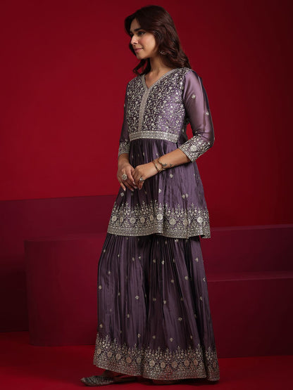 Dhiyona LL Floral Embroidered Sequinned Anarkali Kurta With Sharara & Dupatta