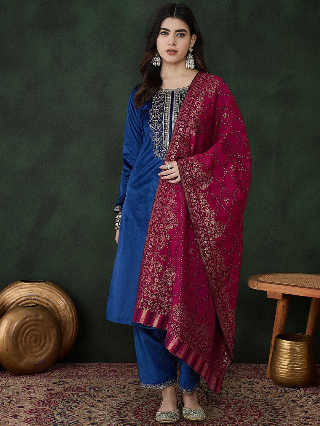Blue Floral Embroidered Regular Sequinned Velvet Kurta & Trouser With Dupatta