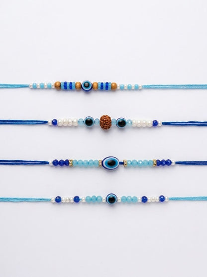 Dhiyona Set Of 4 Blue Evil Eye Thread Rakhi With Roli Chawal Chandan Mishri