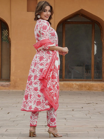 Dhiyona KL Floral Printed Regular Pure Cotton Anarkali Kurta with Trousers & Dupatta