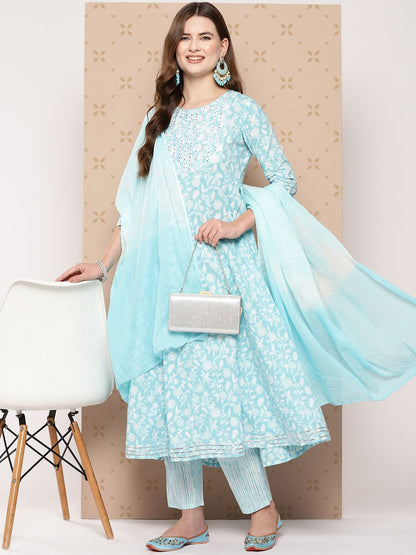 Dhiyona KL Pure Cotton Floral Printed Anarkali Kurta With Trousers & With Dupatta