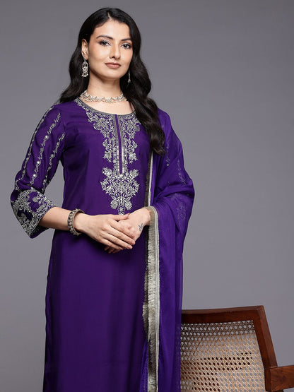 Navy Blue Ethnic Motifs Embroidered Zari Kurta With Trousers & Dupatta