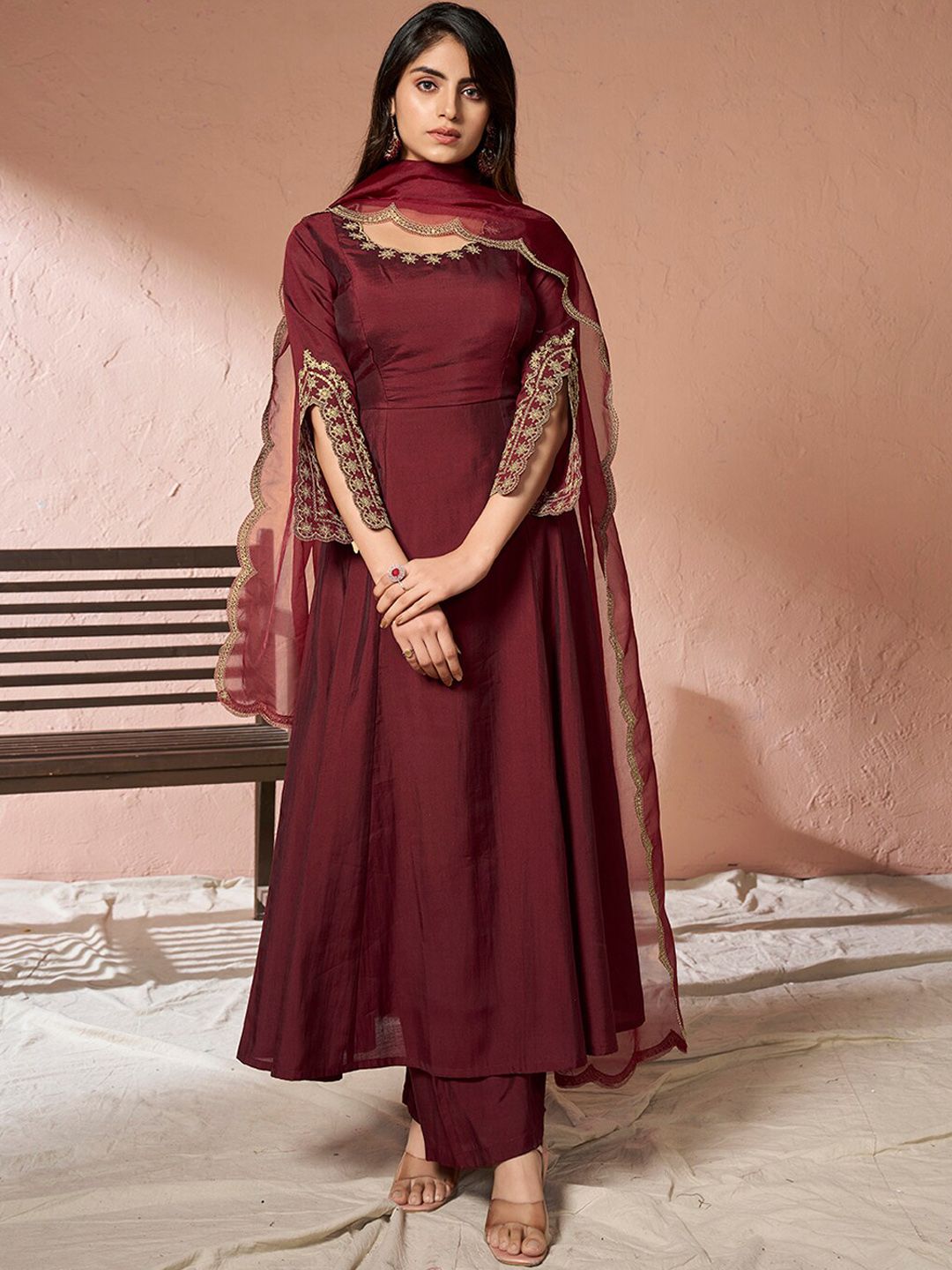 Dhiyona IN Ethnic Motifs Embroidered Pure Silk Kurta with Palazzos & Dupatta