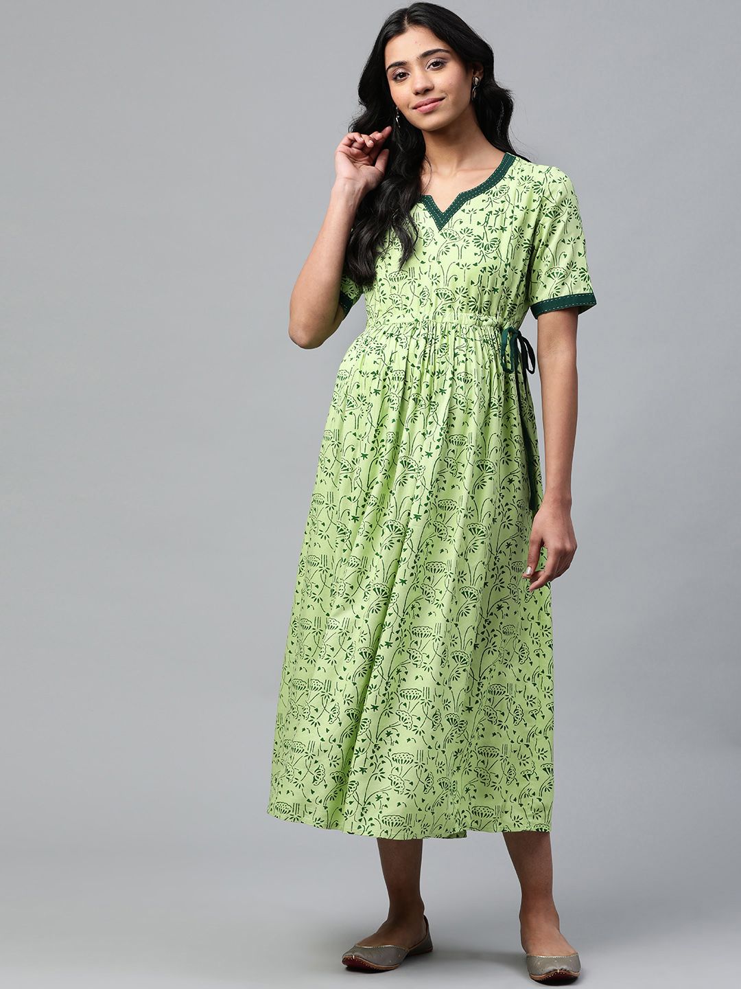 Dhiyona AY Women's Green Printed A-Line Nursing Dress