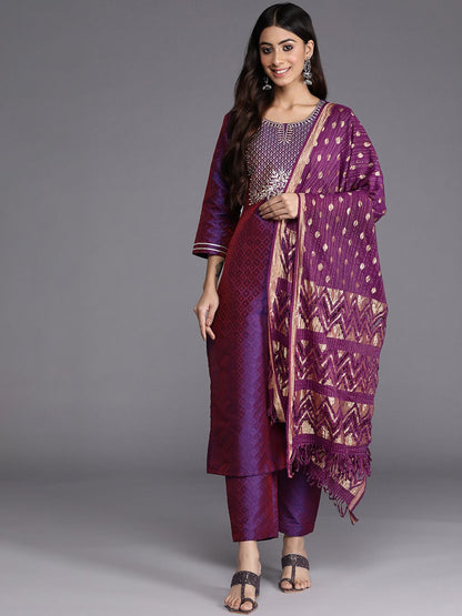 Purple Purple Geometric Woven Design Thread Work Jacquard Kurta with Trousers & Dupatta