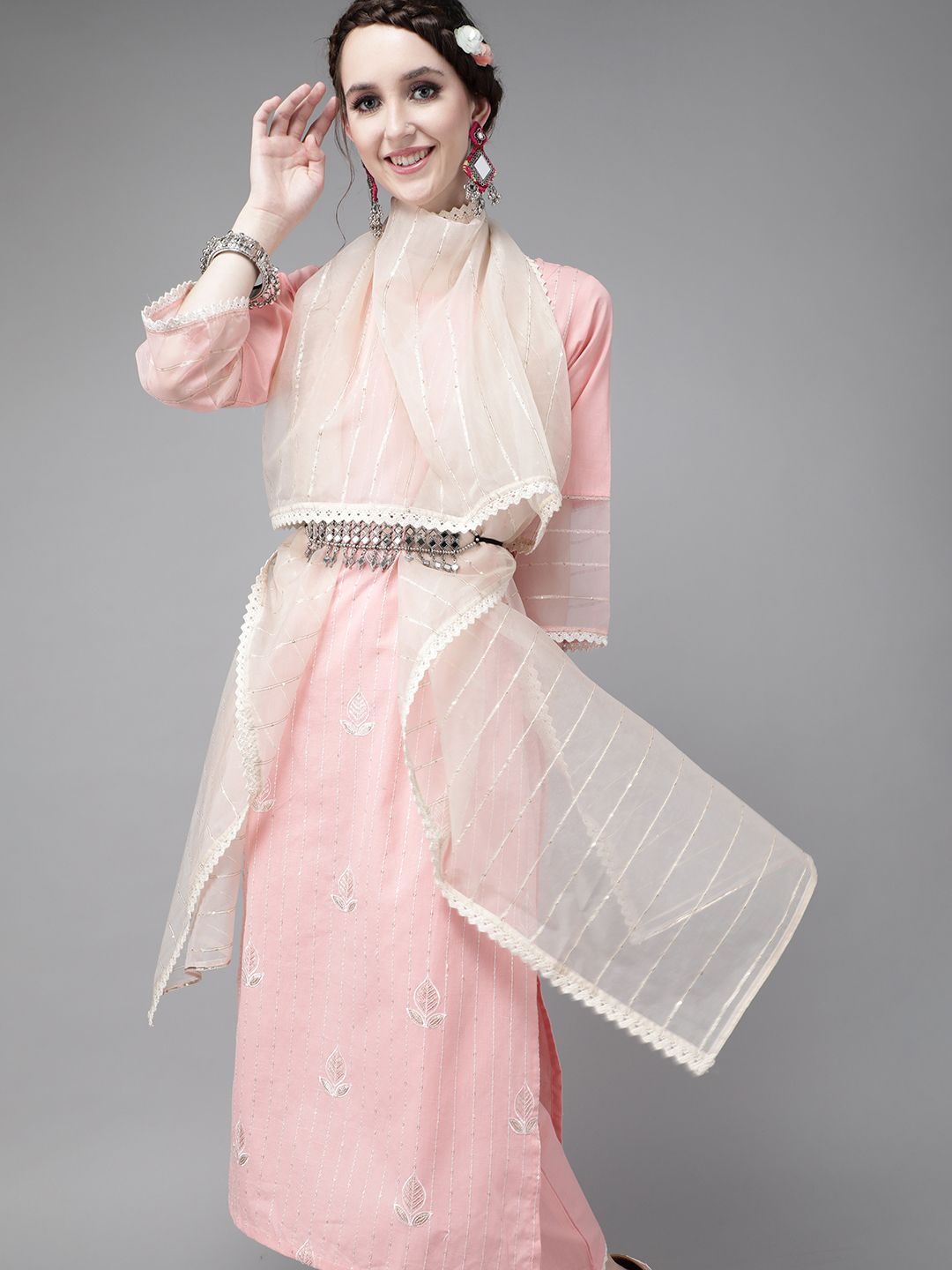 Dhiyona IE Women Pink Pure Cotton Ethnic Motifs Sequinned Kurta with Trousers & Dupatta