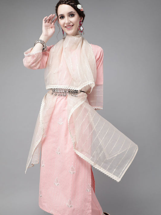Women Pink Pure Cotton Ethnic Motifs Sequinned Kurta with Trousers & Dupatta