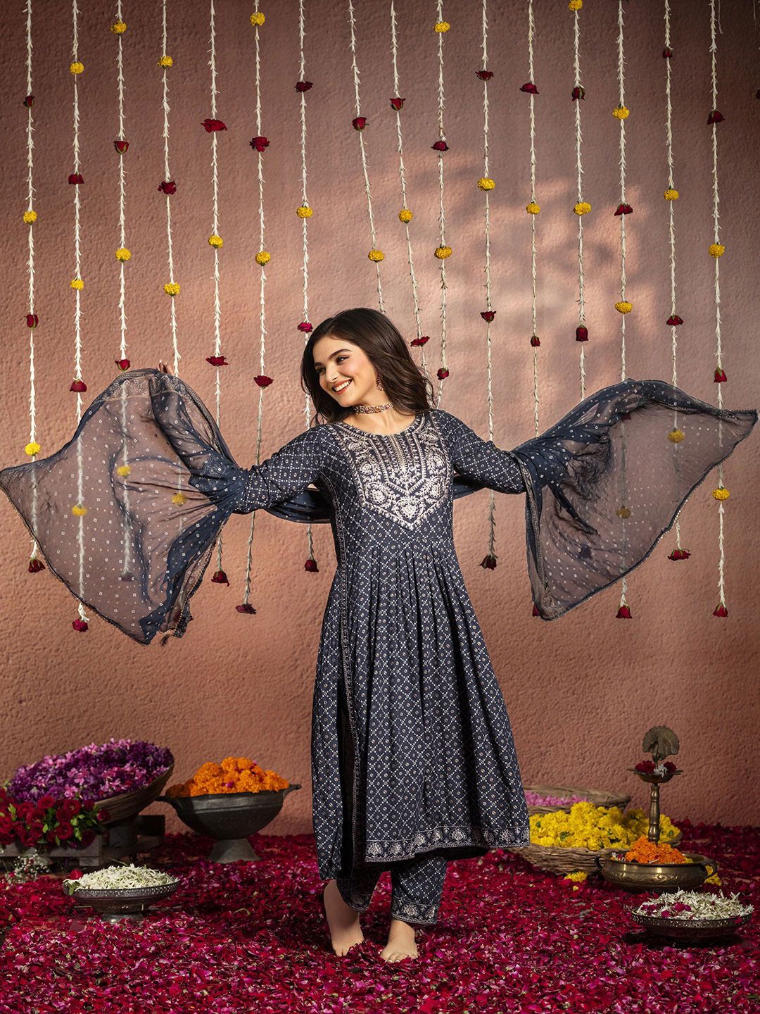 Dhiyona IS Women's Embroidered Pleated Kurta & Trousers With Dupatta