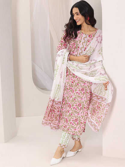 Floral Printed Straight Kurta With Trousers & Dupatta
