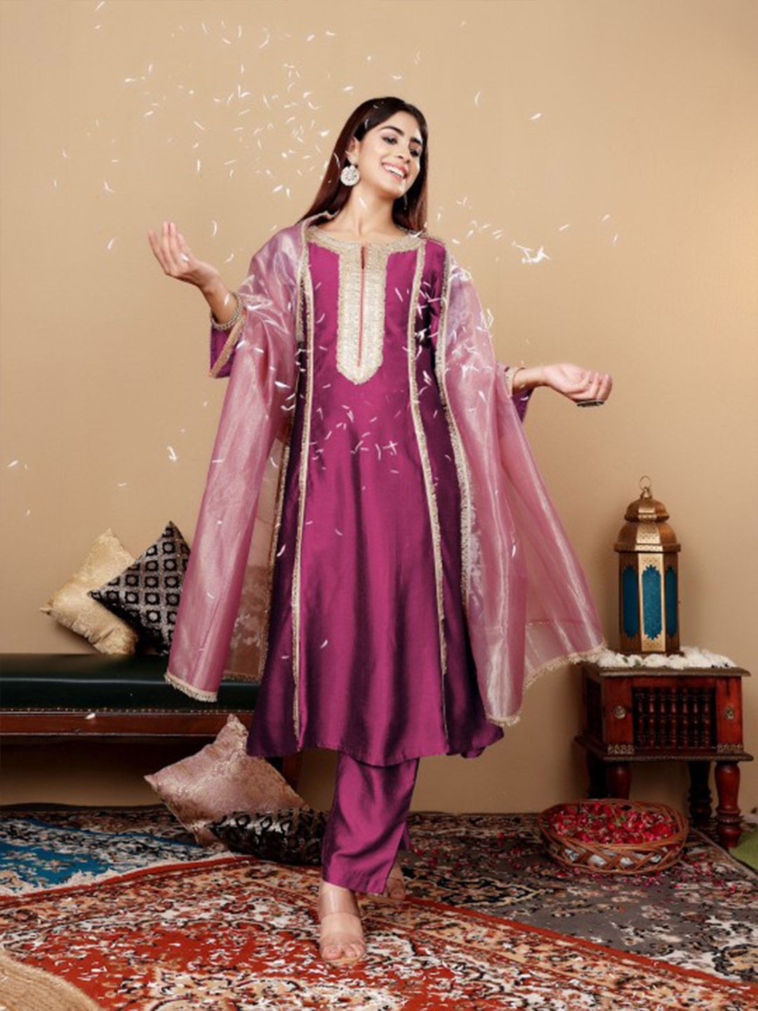 Purple Yoke Design Regular Sequinned Kurta with Trousers & With Dupatta