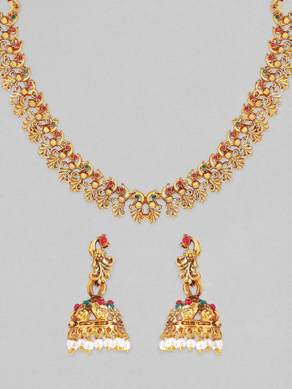 Dhiyona RJ Women's 22K Gold-Plated Ruby Red & Emerald Green Studded Temple Necklace Jewelry Set