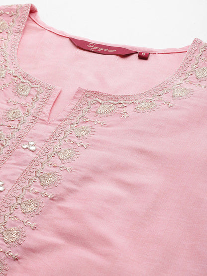 Floral Embroidered Sequinned Pure Cotton Kurta with Trousers & Dupatta