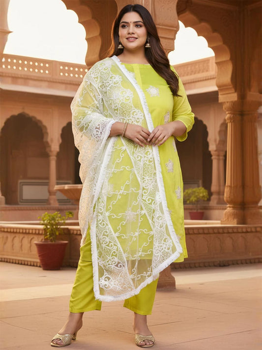 Dhiyona IN Women Lime Green Floral Embroidered Kurta with Trousers & Dupatta