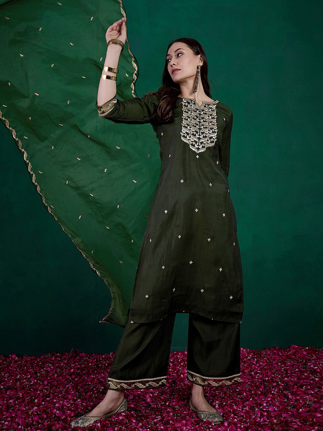Sequin Embroidered Round Neck Straight Kurta With Trousers & Dupatta