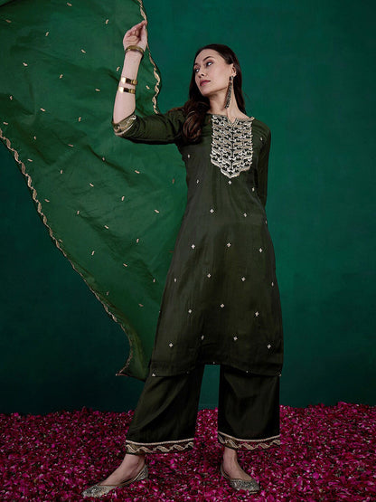 Sequin Embroidered Round Neck Straight Kurta With Trousers & Dupatta
