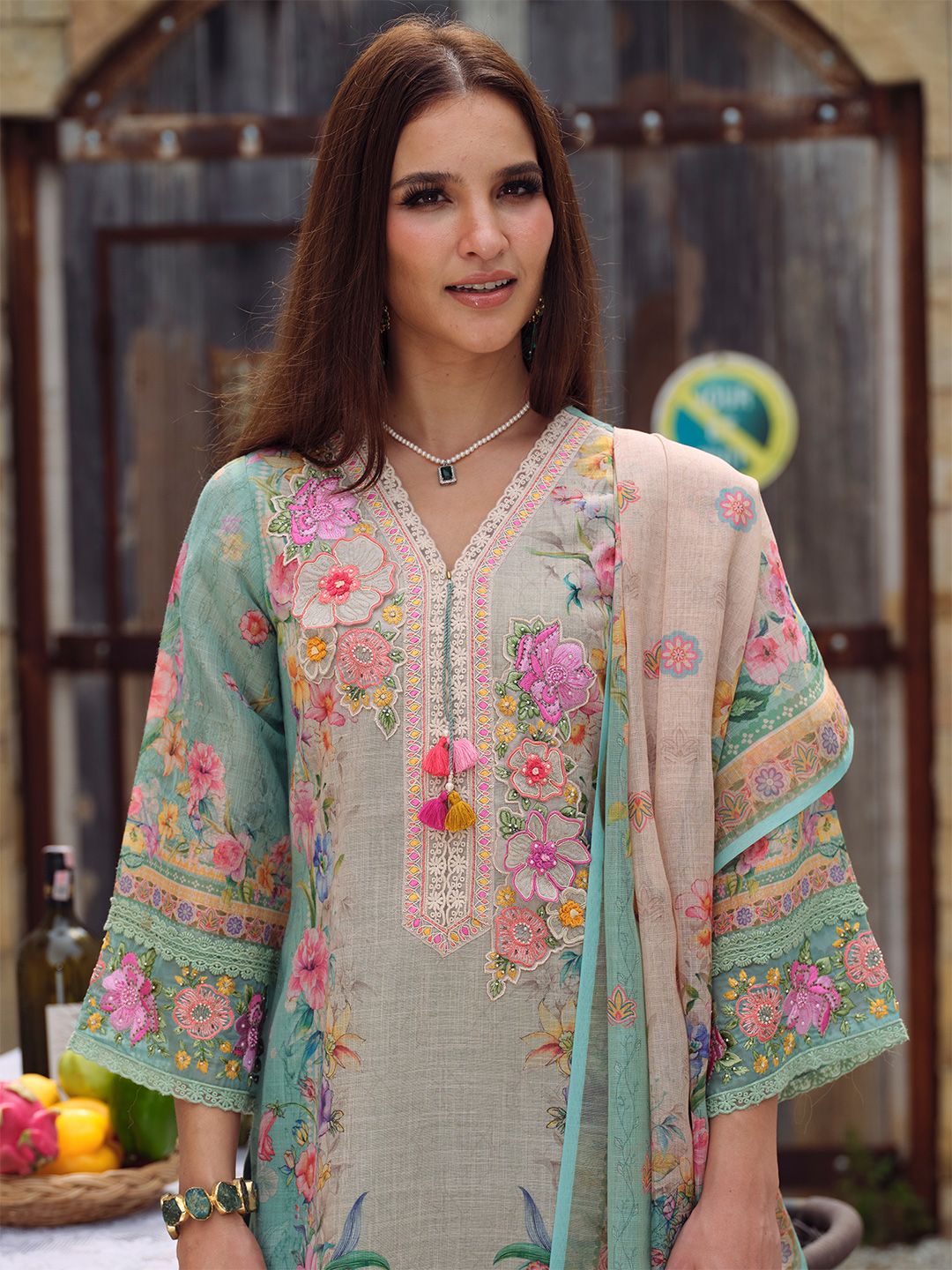Floral Embroidered Beads and Stones Straight Kurta With Trousers & Dupatta