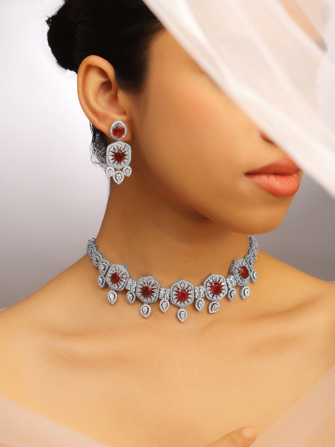 Dhiyona RJ Women's Rhodium Plated Ruby & Cubic Zirconia Studded Luxe Choker Jewelry Set