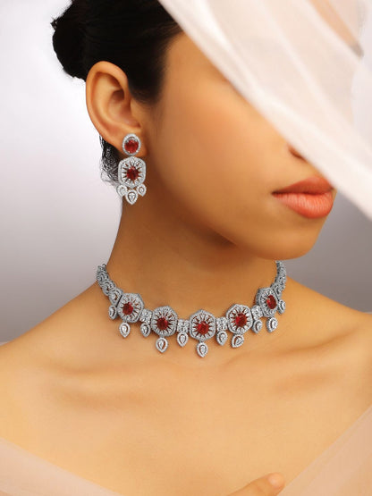 Dhiyona RJ Women's Rhodium Plated Ruby & Cubic Zirconia Studded Luxe Choker Jewelry Set