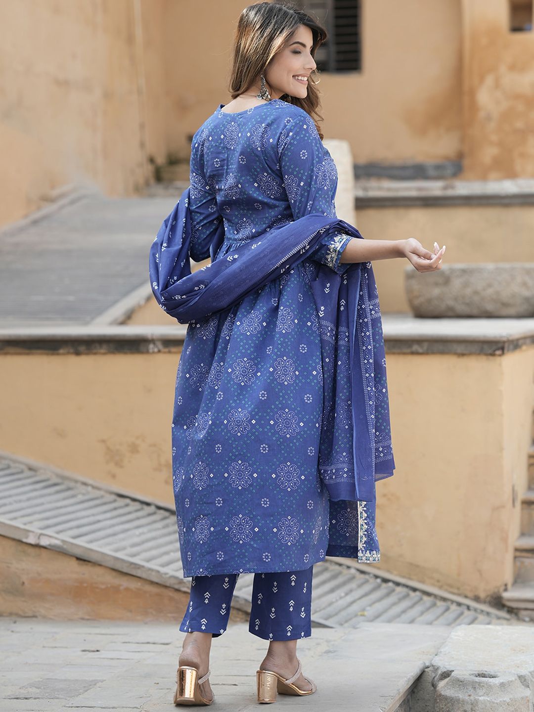 Dhiyona KL Bandhani Embroidered Round Neck Thread Work Pure Cotton Kurta Trousers & Dupatta