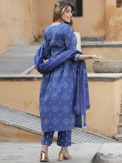 Dhiyona KL Bandhani Embroidered Round Neck Thread Work Pure Cotton Kurta Trousers & Dupatta