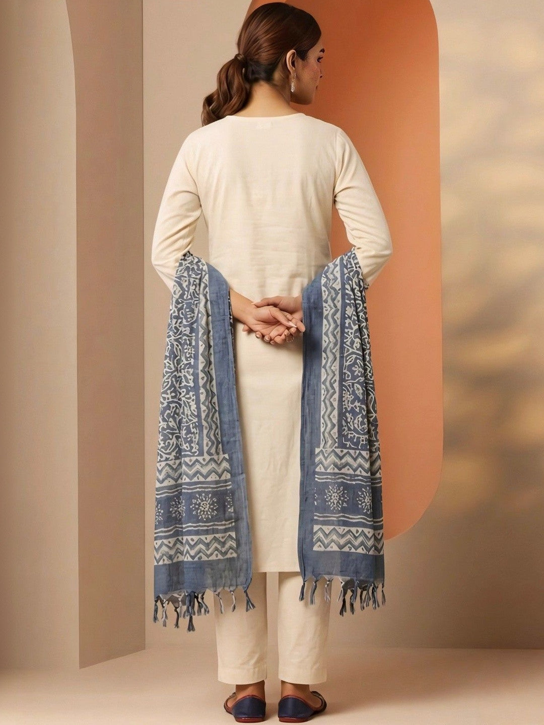Embroidered Pure Cotton V-Neck Kurta & Trousers With Dupatta