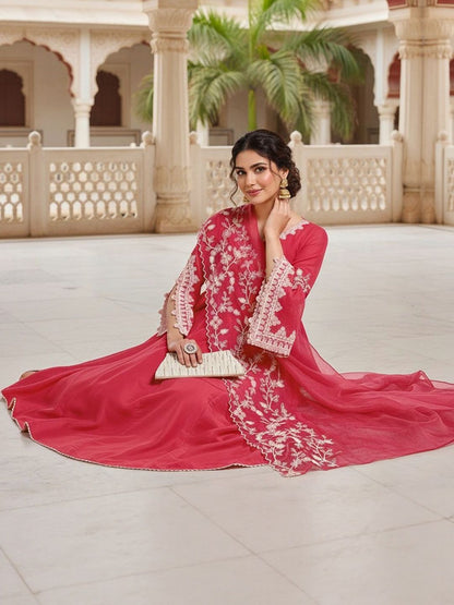 Dhiyona KL Embroidered Empire Thread Work Kurta with Trousers & Dupatta