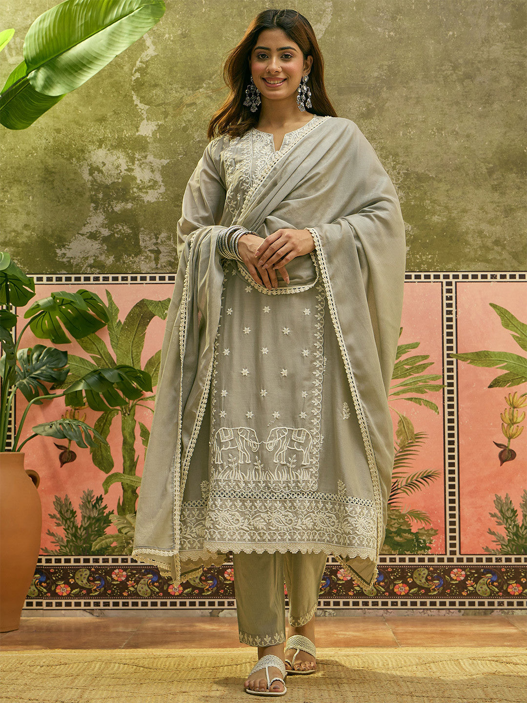Embroidered Round Neck Kurta & Trousers With Dupatta