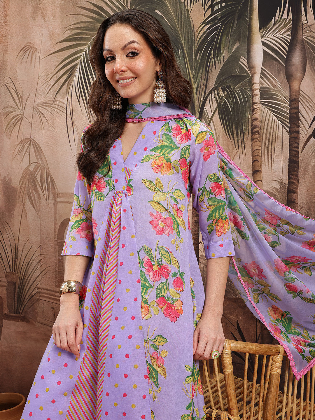 Women Floral Printed Pleated Kurta with Palazzos & With Dupatta