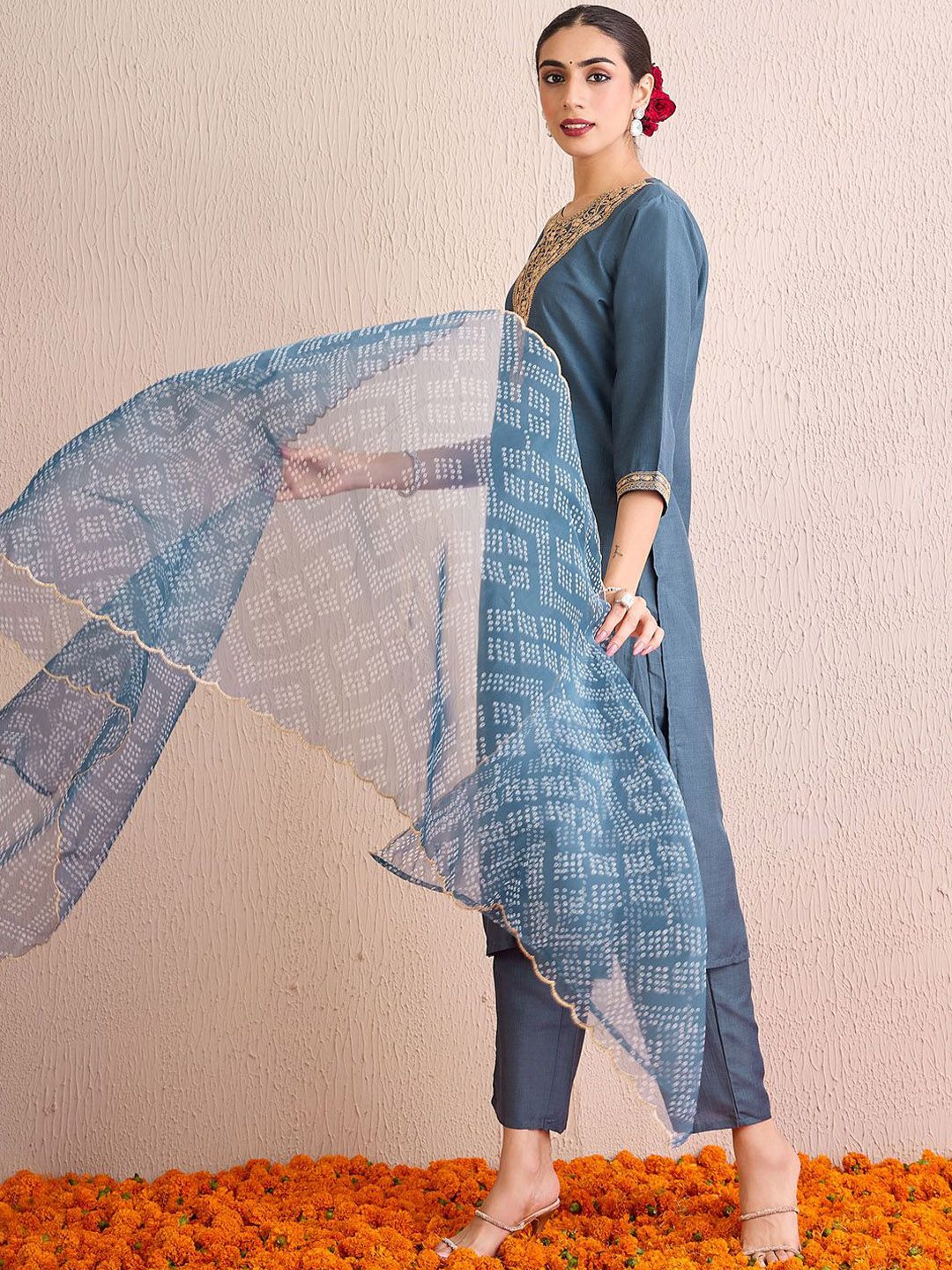 Women Bandhani Embroidered Regular Gotta Patti Kurta with Trousers & With Dupatta