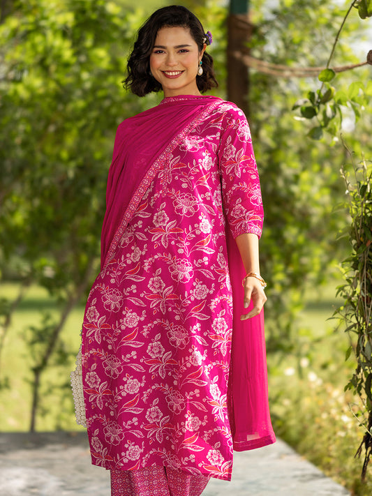 Floral Printed Round Neck Pure Cotton Straight Kurta With Palazzos & Dupatta