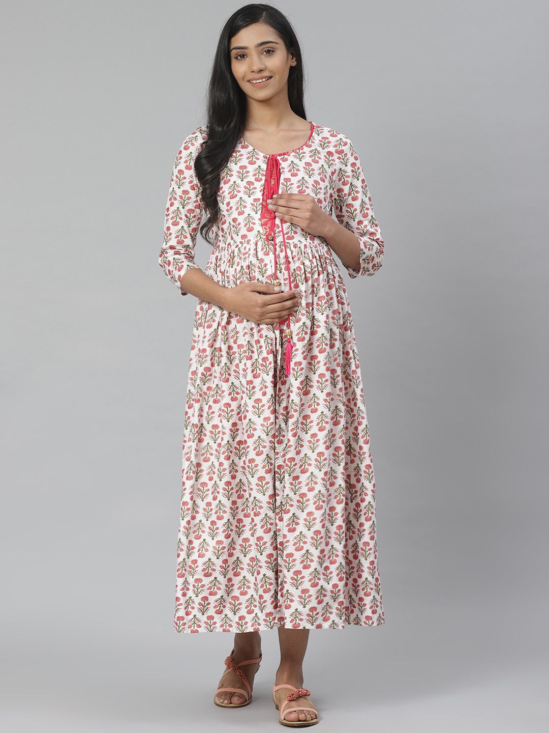 Dhiyona AY Women's White & Pink Pure Cotton Printed Maternity Layered A-Line Dress
