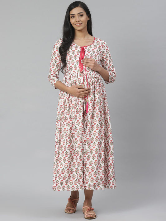 Dhiyona AY Women's White & Pink Pure Cotton Printed Maternity Layered A-Line Dress