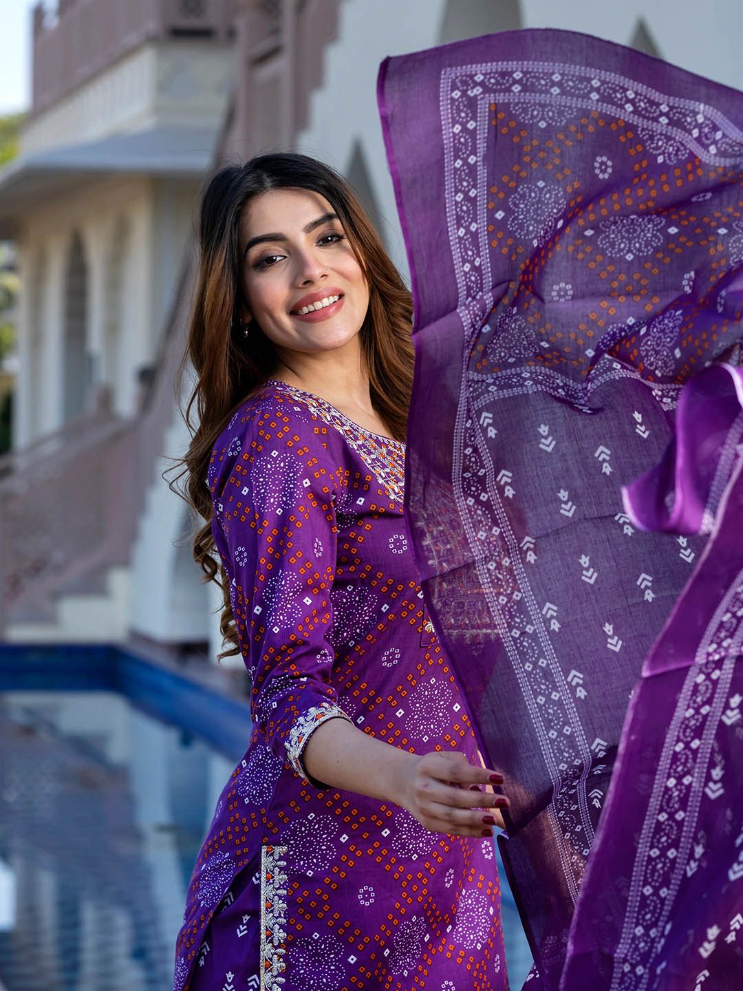 Dhiyona KL Ethnic Motifs Printed Embroidered Pure Cotton Kurta With Trousers & Dupatta
