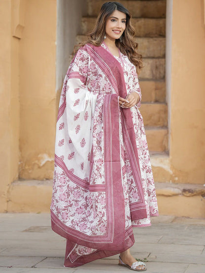 Dhiyona KL Floral Printed Regular Thread Work Pure Cotton Kurta with Trouser & With Dupatta