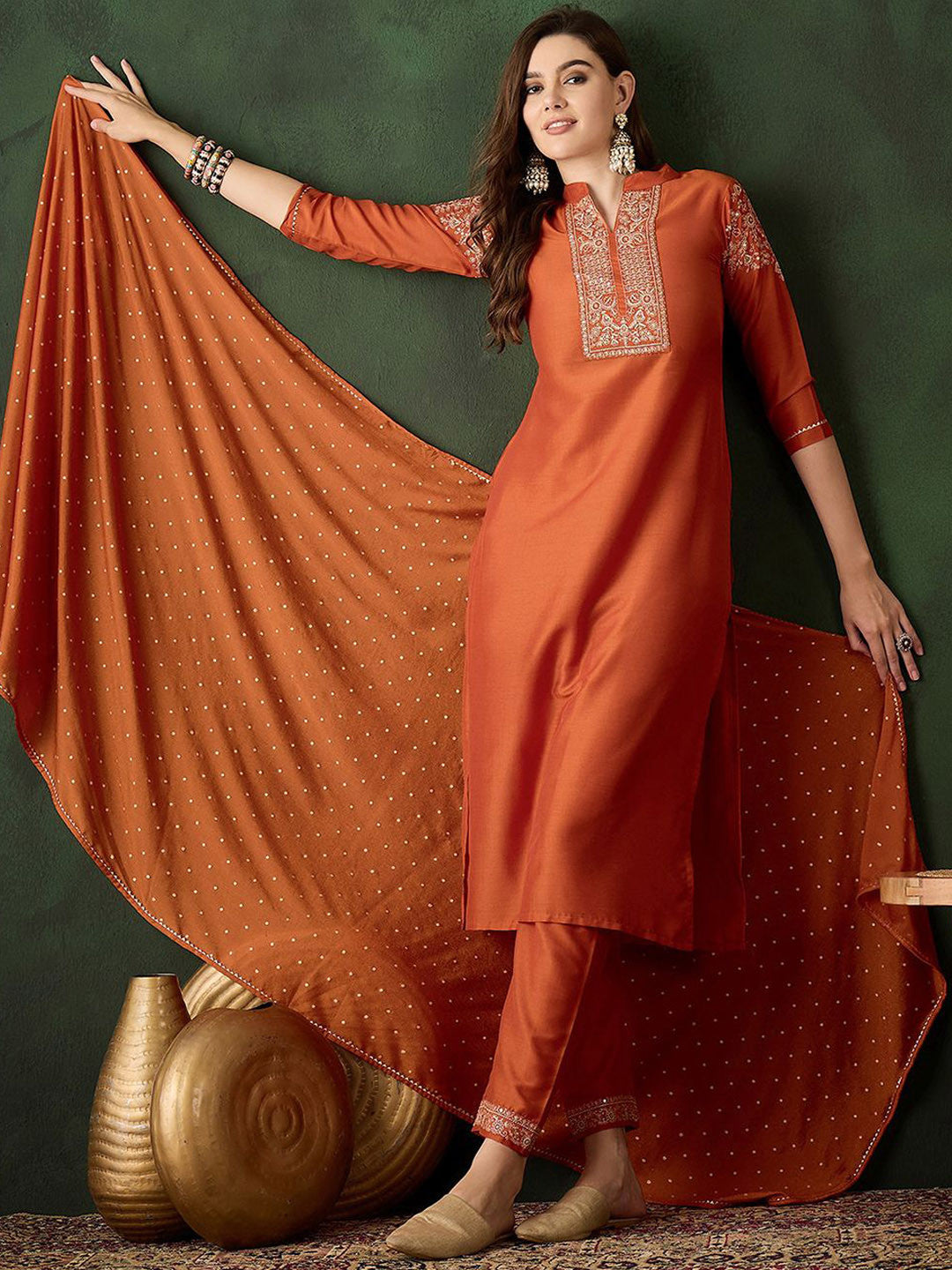 Dhiyona SN Zari Sequence Embroidered Straight Kurta & Trouser With Dupatta