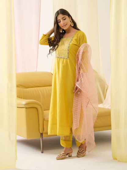 Dhiyona IS Women's Ethnic Motifs Yoke Design Mirror Work Chanderi Cotton Kurta with Trousers & Dupatta