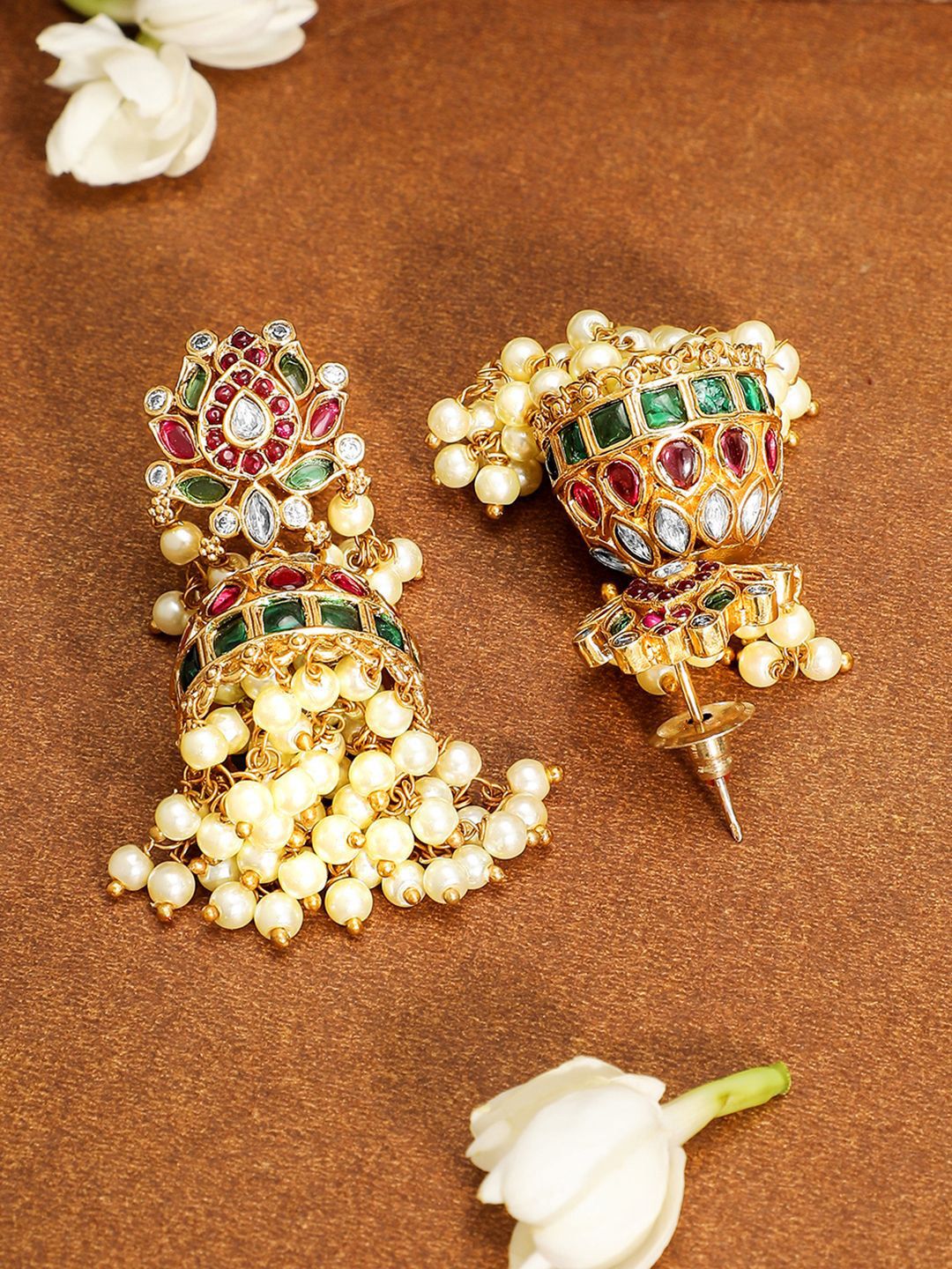 Dhiyona RJ Women's 22K Gold-Plated Ruby Red & Emerald Green Kundan Stone Studed Jhumka with Pearl Bead