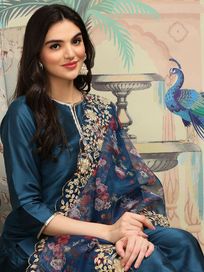 Dhiyona IS Women's Notch Neck Thread Work Silk Crepe Straight Kurta with Trousers & Dupatta