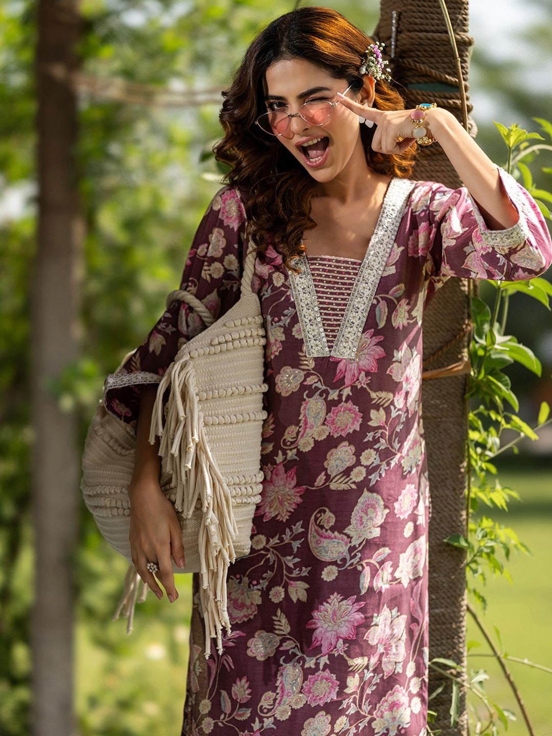 Floral Printed V-Neck Kurta With Trouser
