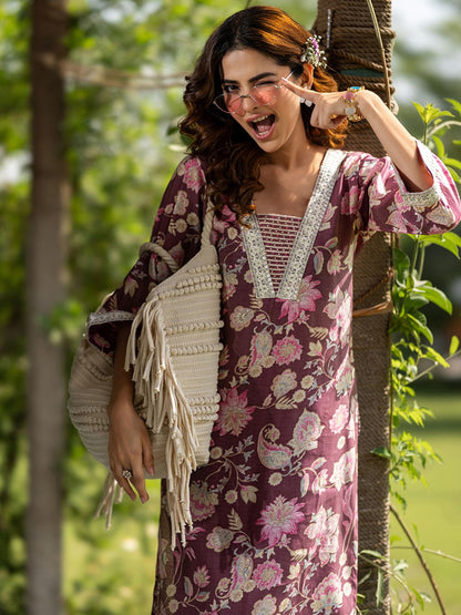 Floral Printed V-Neck Kurta With Trouser