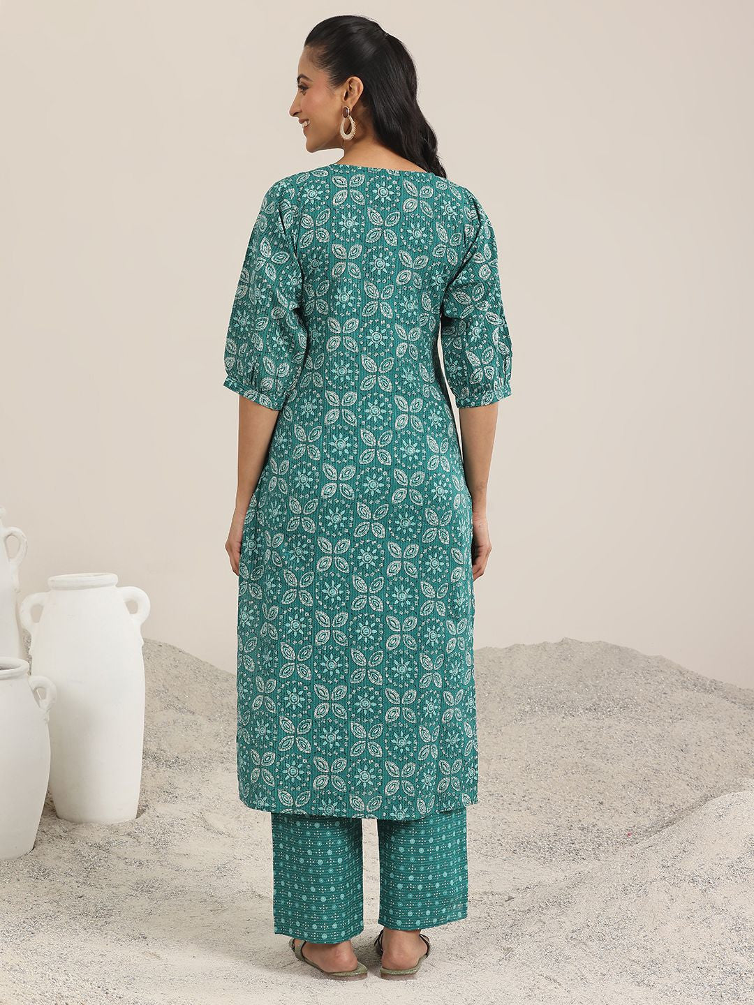 Teal Blue Floral Printed V-Neck Puffed Sleeves Straight Kurta With Trousers