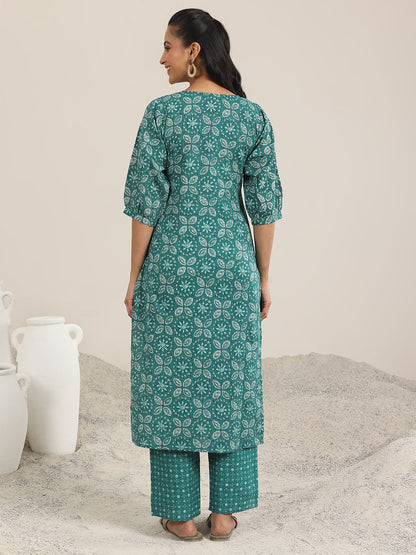 Teal Blue Floral Printed V-Neck Puffed Sleeves Straight Kurta With Trousers