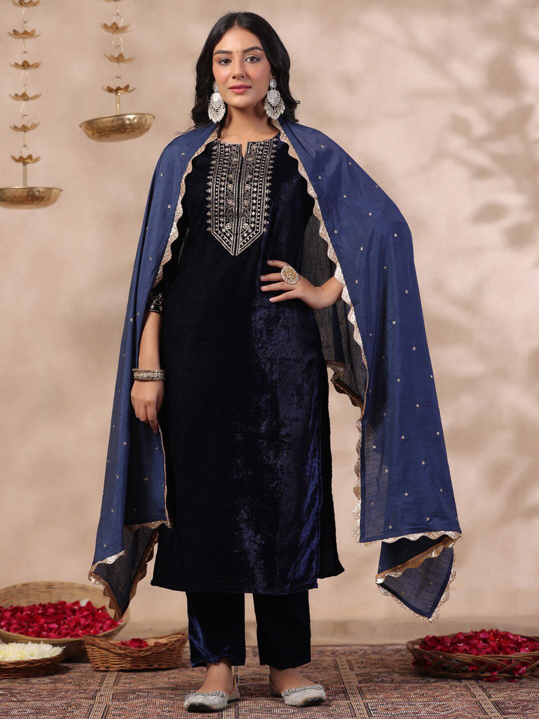 Dhiyona IS Women's Ethnic Motifs Thread Work Notch Neck Velvet Yoke Design Kurta With Trouser & Dupatta