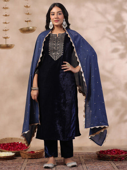 Dhiyona IS Women's Ethnic Motifs Thread Work Notch Neck Velvet Yoke Design Kurta With Trouser & Dupatta