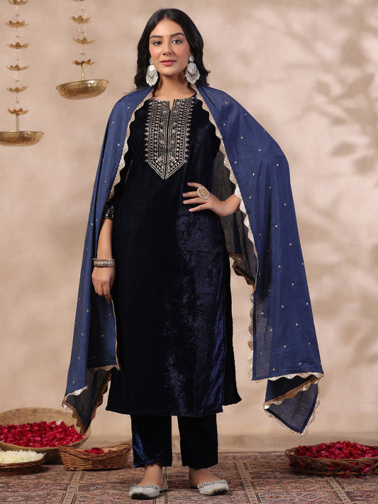 Dhiyona IS Women's Ethnic Motifs Thread Work Notch Neck Velvet Yoke Design Kurta With Trouser & Dupatta