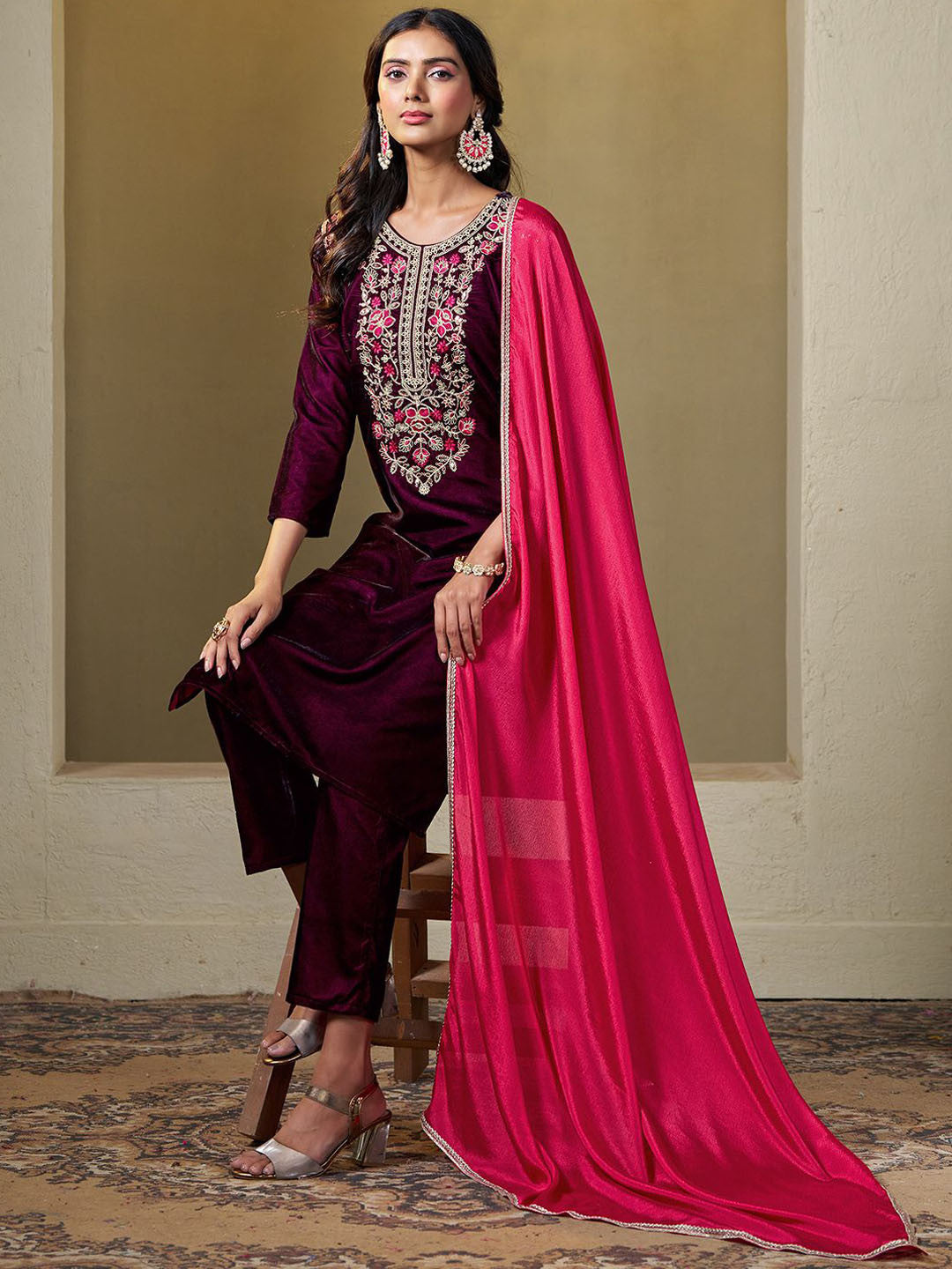 Women Velvet Yoke Embroidery Straight Kurta Pant With Dupatta Set