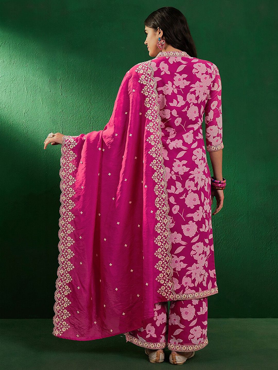 Dhiyona SN Floral Printed Beads & Stones Zari Straight Kurta With Palazzo & Dupatta