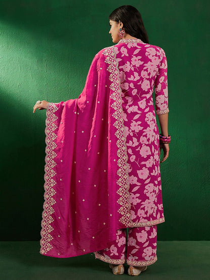 Dhiyona SN Floral Printed Beads & Stones Zari Straight Kurta With Palazzo & Dupatta