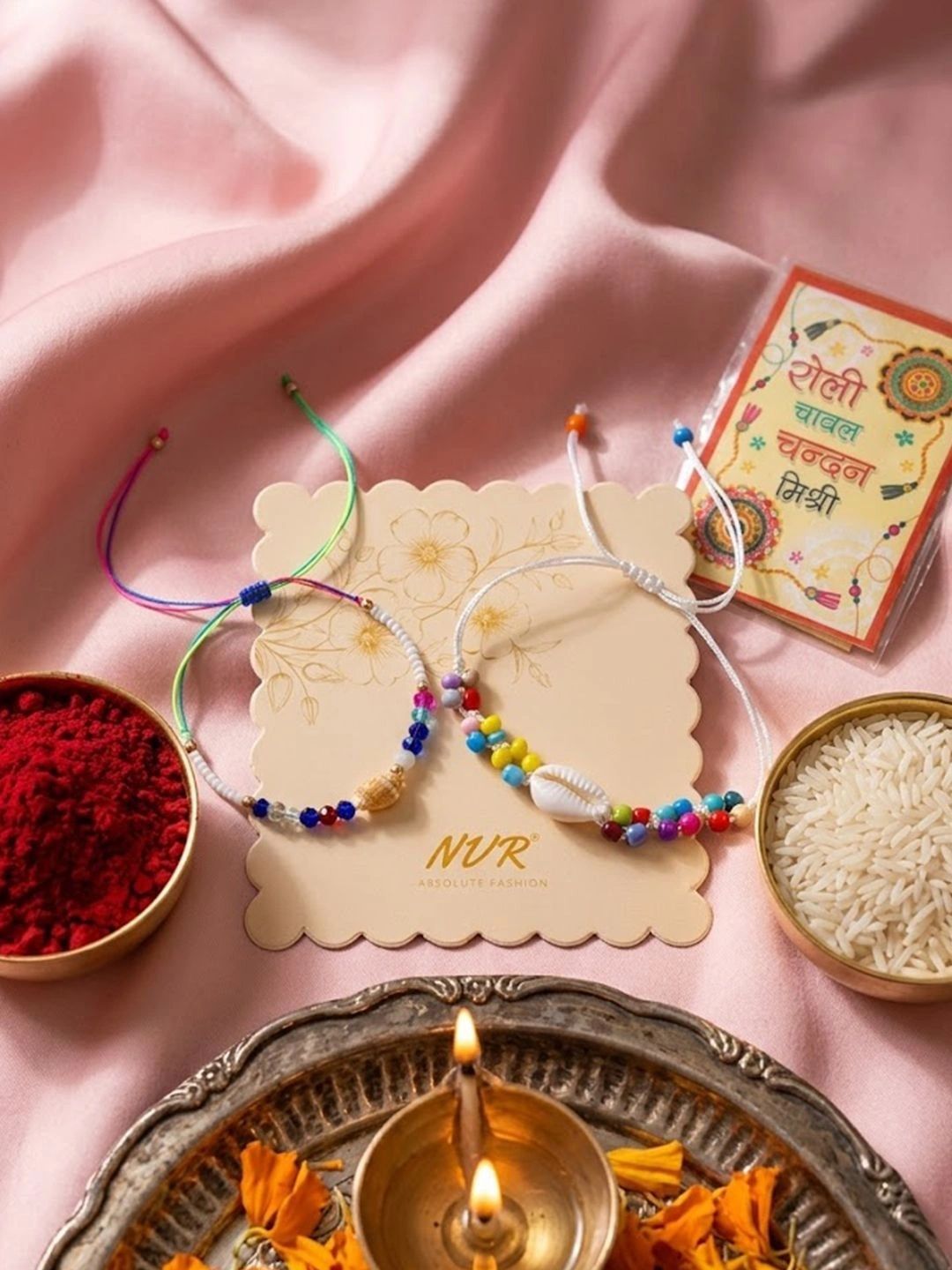 Dhiyona Set Of 2 Artificial Beads Thread Rakhi With Roli Chawal Chandan Mishri